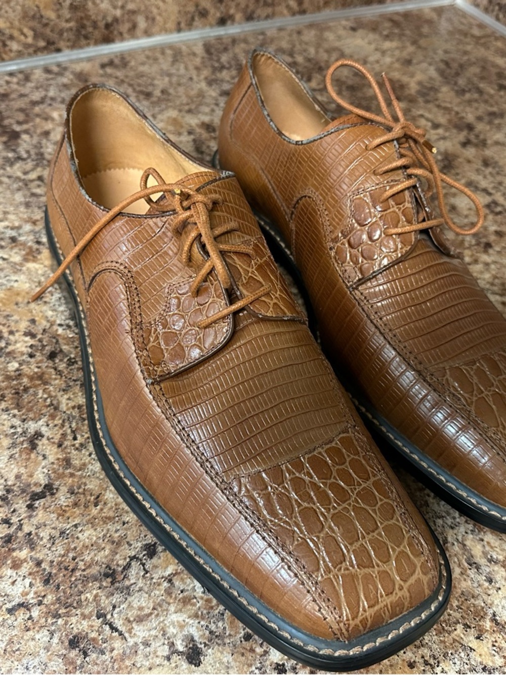 Men's Italian Tan Croc-Embossed Leather Derby Shoes